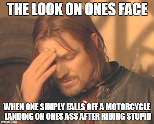 THE LOOK ON ONES FACE WHEN ONE SIMPLY FALLS OFF A MOTORCYCLE LANDING ON ONES ASS AFTER RIDING STUPID | made w/ Imgflip meme maker