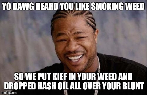 Yo Dawg Heard You Meme | YO DAWG HEARD YOU LIKE SMOKING WEED; SO WE PUT KIEF IN YOUR WEED AND DROPPED HASH OIL ALL OVER YOUR BLUNT | image tagged in memes,yo dawg heard you | made w/ Imgflip meme maker