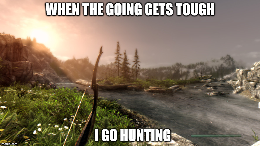 Hunting The Problems Away | WHEN THE GOING GETS TOUGH; I GO HUNTING | image tagged in skyrim sunset,skyrim,hunting,life hard | made w/ Imgflip meme maker