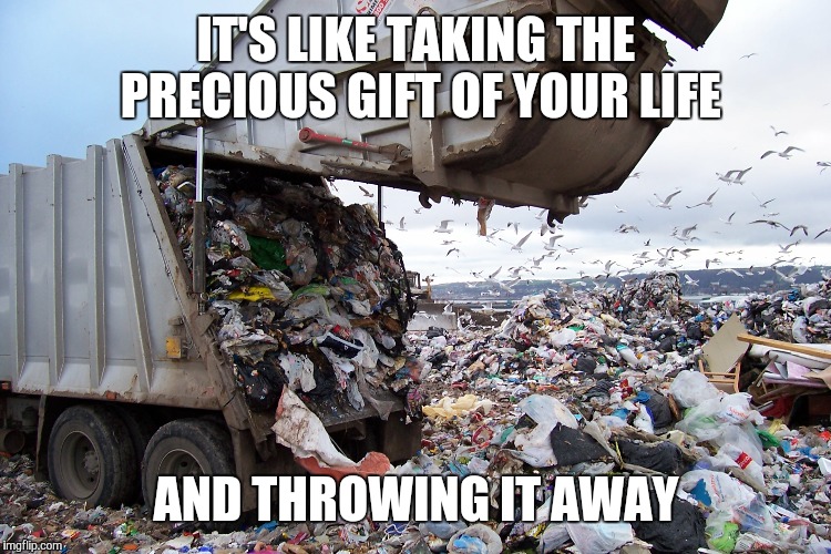 garbage dump | IT'S LIKE TAKING THE PRECIOUS GIFT OF YOUR LIFE AND THROWING IT AWAY | image tagged in garbage dump | made w/ Imgflip meme maker