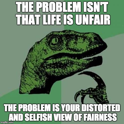 Philosoraptor | THE PROBLEM ISN'T THAT LIFE IS UNFAIR; THE PROBLEM IS YOUR DISTORTED AND SELFISH VIEW OF FAIRNESS | image tagged in memes,philosoraptor | made w/ Imgflip meme maker