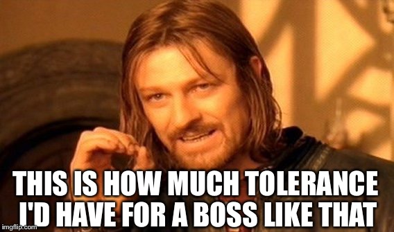 One Does Not Simply Meme | THIS IS HOW MUCH TOLERANCE I'D HAVE FOR A BOSS LIKE THAT | image tagged in memes,one does not simply | made w/ Imgflip meme maker