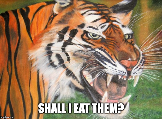Hipster tiger | SHALL I EAT THEM? | image tagged in hipster tiger | made w/ Imgflip meme maker