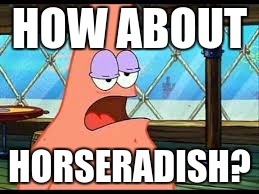 Patrick confused | HOW ABOUT HORSERADISH? | image tagged in patrick confused | made w/ Imgflip meme maker