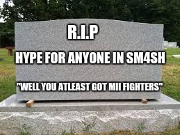 tombstone | R.I.P; HYPE FOR ANYONE IN SM4SH; "WELL YOU ATLEAST GOT MII FIGHTERS" | image tagged in tombstone | made w/ Imgflip meme maker