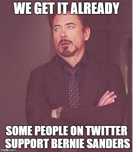 Face You Make Robert Downey Jr | WE GET IT ALREADY; SOME PEOPLE ON TWITTER SUPPORT BERNIE SANDERS | image tagged in memes,face you make robert downey jr | made w/ Imgflip meme maker