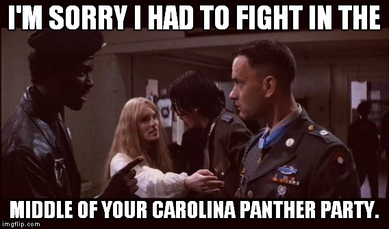 Great line from a great movie, just tweaked for today |  I'M SORRY I HAD TO FIGHT IN THE; MIDDLE OF YOUR CAROLINA PANTHER PARTY. | image tagged in meme,funny,forrest gump,carolina panthers | made w/ Imgflip meme maker