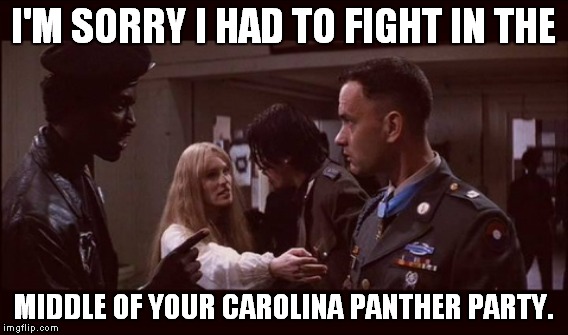 Great line from a great movie, just tweaked for today | I'M SORRY I HAD TO FIGHT IN THE MIDDLE OF YOUR CAROLINA PANTHER PARTY. | image tagged in meme,funny,forrest gump,carolina panthers | made w/ Imgflip meme maker