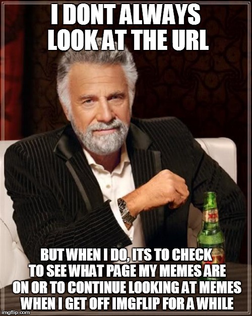 The Most Interesting Man In The World Meme | I DONT ALWAYS LOOK AT THE URL BUT WHEN I DO, ITS TO CHECK TO SEE WHAT PAGE MY MEMES ARE ON OR TO CONTINUE LOOKING AT MEMES WHEN I GET OFF IM | image tagged in memes,the most interesting man in the world | made w/ Imgflip meme maker