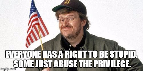 michael moore |  EVERYONE HAS A RIGHT TO BE STUPID. SOME JUST ABUSE THE PRIVILEGE. | image tagged in michael moore | made w/ Imgflip meme maker