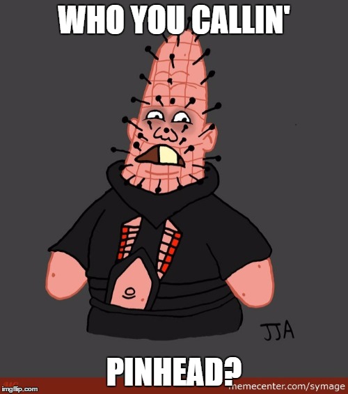 WHO YOU CALLIN'; PINHEAD? | image tagged in pinhead larry,pun | made w/ Imgflip meme maker