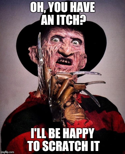 Freddy Krueger face | OH, YOU HAVE AN ITCH? I'LL BE HAPPY TO SCRATCH IT | image tagged in freddy krueger face | made w/ Imgflip meme maker