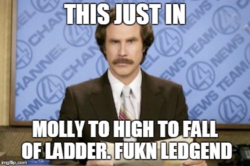 Ron Burgundy | THIS JUST IN; MOLLY TO HIGH TO FALL OF LADDER. FUKN LEDGEND | image tagged in memes,ron burgundy | made w/ Imgflip meme maker