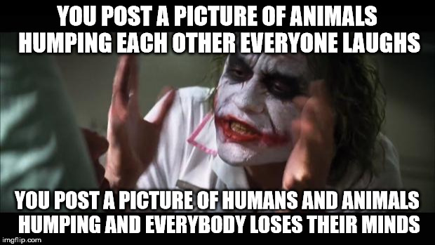And everybody loses their minds | YOU POST A PICTURE OF ANIMALS HUMPING EACH OTHER EVERYONE LAUGHS; YOU POST A PICTURE OF HUMANS AND ANIMALS HUMPING AND EVERYBODY LOSES THEIR MINDS | image tagged in memes,and everybody loses their minds | made w/ Imgflip meme maker