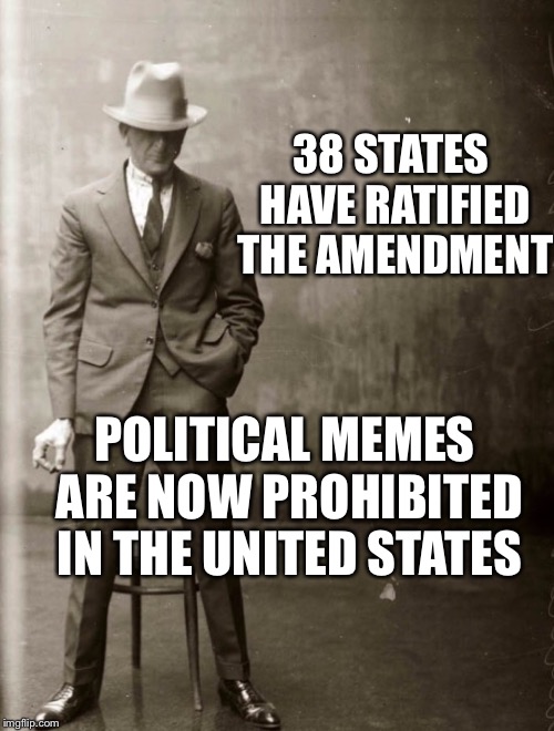 Government Agent Man | 38 STATES HAVE RATIFIED THE AMENDMENT; POLITICAL MEMES ARE NOW PROHIBITED IN THE UNITED STATES | image tagged in government agent man | made w/ Imgflip meme maker