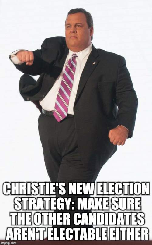 Chris Christie landed a one-two punch against Rubio in the last debate. But the debate only hurt Rubio and didn't help Christie. | CHRISTIE'S NEW ELECTION STRATEGY: MAKE SURE THE OTHER CANDIDATES AREN'T ELECTABLE EITHER | image tagged in political meme,chris christie,marco rubio,republican debate,original meme | made w/ Imgflip meme maker