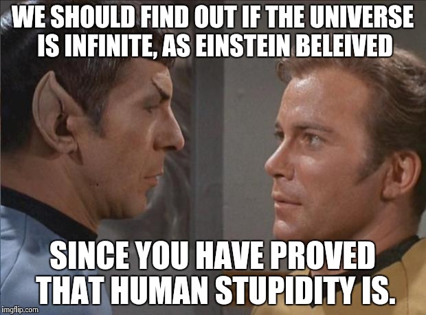 sick of your shit kirk | WE SHOULD FIND OUT IF THE UNIVERSE IS INFINITE, AS EINSTEIN BELEIVED; SINCE YOU HAVE PROVED THAT HUMAN STUPIDITY IS. | image tagged in funny,memes | made w/ Imgflip meme maker