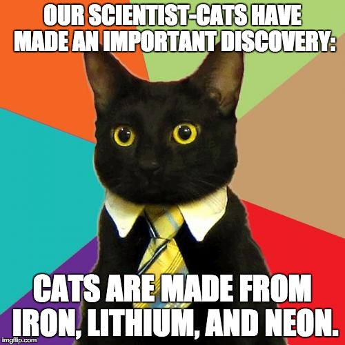 FeLiNe | OUR SCIENTIST-CATS HAVE MADE AN IMPORTANT DISCOVERY:; CATS ARE MADE FROM IRON, LITHIUM, AND NEON. | image tagged in memes,business cat,feline | made w/ Imgflip meme maker