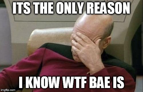 Captain Picard Facepalm Meme | ITS THE ONLY REASON I KNOW WTF BAE IS | image tagged in memes,captain picard facepalm | made w/ Imgflip meme maker