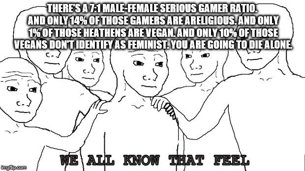 The Moment You Realize Your Dream Girl Doesn't Exist | THERE'S A 7:1 MALE-FEMALE SERIOUS GAMER RATIO. AND ONLY 14% OF THOSE GAMERS ARE ARELIGIOUS. AND ONLY 1% OF THOSE HEATHENS ARE VEGAN. AND ONLY 10% OF THOSE VEGANS DON'T IDENTIFY AS FEMINIST. YOU ARE GOING TO DIE ALONE. | image tagged in i know that feel bro | made w/ Imgflip meme maker