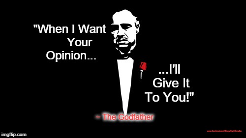 When I want your Opinion, I'll Give it to You ~ The Godfather | "When I Want      Your Opinion... ...I'll Give It To You!"; ~ The Godfather; www.facebook.com/StarryNightCosplay | image tagged in thegodfather,opinions,starrynightcosplay,moviequotes,threats,funny memes | made w/ Imgflip meme maker