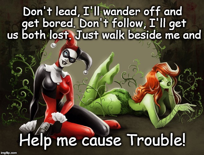 harley and ivy trouble  | Don't lead, I'll wander off and get bored. Don't follow, I'll get us both lost. Just walk beside me and; Help me cause Trouble! | image tagged in harley and ivy trouble | made w/ Imgflip meme maker