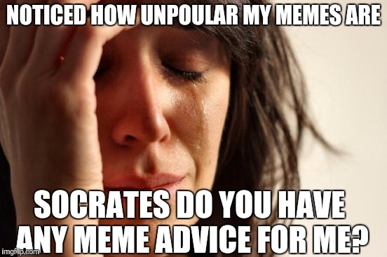 First World Problems | NOTICED HOW UNPOULAR MY MEMES ARE; SOCRATES DO YOU HAVE ANY MEME ADVICE FOR ME? | image tagged in memes,first world problems | made w/ Imgflip meme maker
