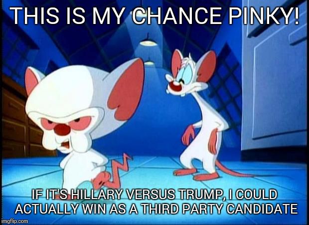 pinky and the brain monday | THIS IS MY CHANCE PINKY! IF IT'S HILLARY VERSUS TRUMP, I COULD ACTUALLY WIN AS A THIRD PARTY CANDIDATE | image tagged in pinky and the brain monday | made w/ Imgflip meme maker