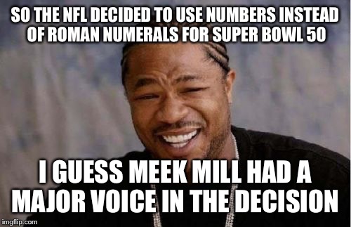 Yo Dawg Heard You Meme | SO THE NFL DECIDED TO USE NUMBERS INSTEAD OF ROMAN NUMERALS FOR SUPER BOWL 50; I GUESS MEEK MILL HAD A MAJOR VOICE IN THE DECISION | image tagged in memes,yo dawg heard you | made w/ Imgflip meme maker