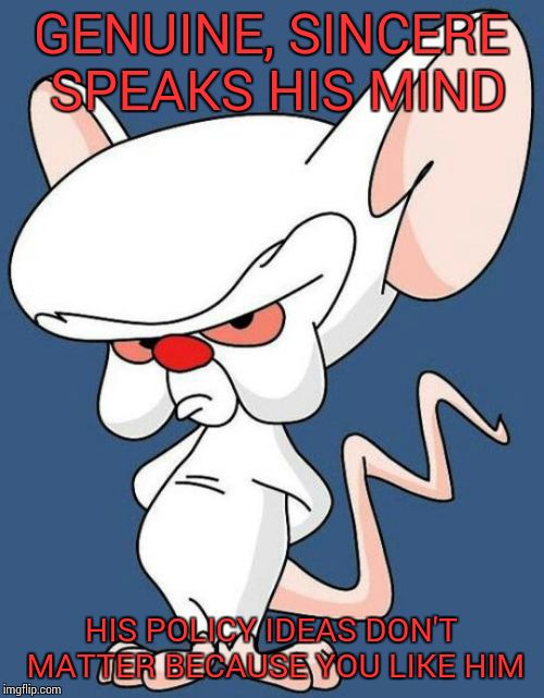 Brain for president | GENUINE, SINCERE SPEAKS HIS MIND; HIS POLICY IDEAS DON'T MATTER BECAUSE YOU LIKE HIM | image tagged in brain | made w/ Imgflip meme maker