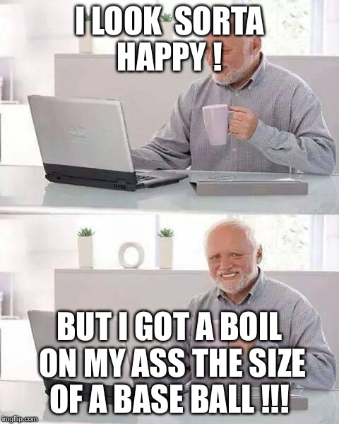 Hide the Pain Harold | I LOOK 
SORTA HAPPY ! BUT I GOT A BOIL ON MY ASS THE SIZE OF A BASE BALL !!! | image tagged in memes,hide the pain harold | made w/ Imgflip meme maker