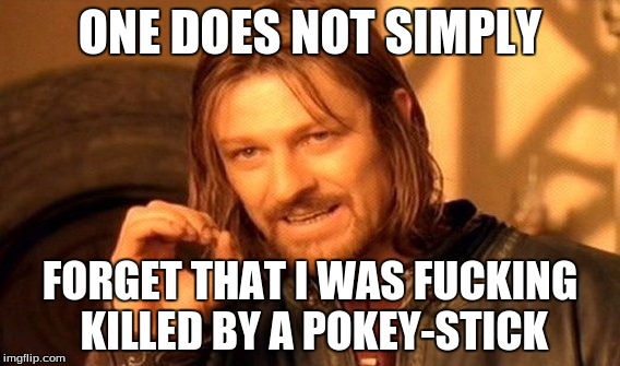 ONE DOES NOT SIMPLY FORGET THAT I WAS F**KING KILLED BY A POKEY-STICK | image tagged in memes,one does not simply | made w/ Imgflip meme maker