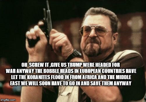 Am I The Only One Around Here | OH  SCREW IT ,GIVE US TRUMP WERE HEADED FOR WAR ANYWAY THE BOBBLE HEADS IN EUROPEAN COUNTRIES HAVE LET THE KORANITES FLOOD IN FROM AFRICA AND THE MIDDLE EAST WE WILL SOON HAVE TO GO IN AND SAVE THEM ANYWAY | image tagged in memes,am i the only one around here | made w/ Imgflip meme maker