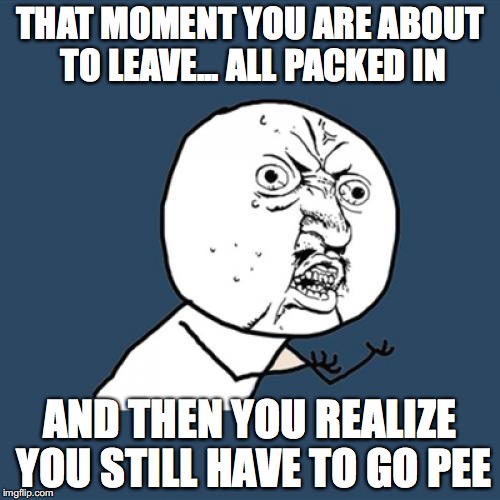 At the last moment... always...  | THAT MOMENT YOU ARE ABOUT TO LEAVE... ALL PACKED IN; AND THEN YOU REALIZE YOU STILL HAVE TO GO PEE | image tagged in memes,y u no,pee,funny,funny memes,too late | made w/ Imgflip meme maker