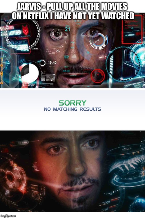 JARVIS - PULL UP ALL THE MOVIES ON NETFLIX I HAVE NOT YET WATCHED | image tagged in iron man,netflix | made w/ Imgflip meme maker