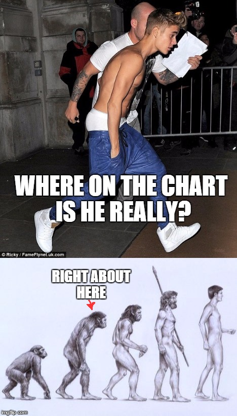 Top of the chart? I don't think sooo! | WHERE ON THE CHART IS HE REALLY? RIGHT ABOUT HERE | image tagged in memes,funny memes,justin bieber,saggy pants,evolution | made w/ Imgflip meme maker
