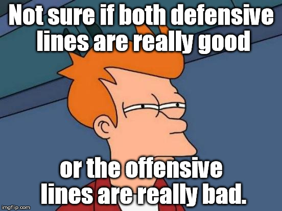 Superbowl 50 | Not sure if both defensive lines are really good; or the offensive lines are really bad. | image tagged in memes,futurama fry,superbowl 50,superbowl,carolina panthers,denver broncos | made w/ Imgflip meme maker