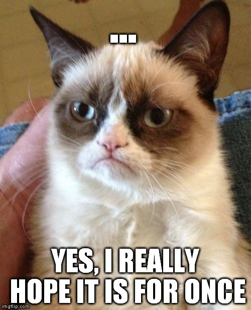 Grumpy Cat Meme | ... YES, I REALLY HOPE IT IS FOR ONCE | image tagged in memes,grumpy cat | made w/ Imgflip meme maker