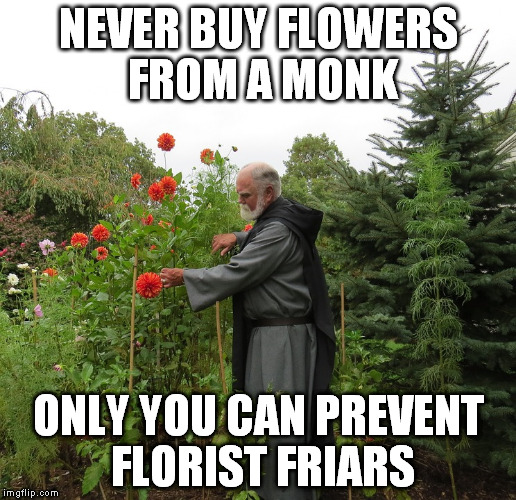 NEVER BUY FLOWERS FROM A MONK; ONLY YOU CAN PREVENT FLORIST FRIARS | image tagged in monk in garden | made w/ Imgflip meme maker