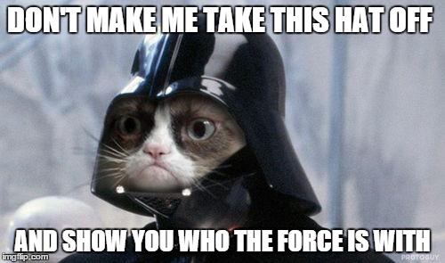 don't make me | DON'T MAKE ME TAKE THIS HAT OFF; AND SHOW YOU WHO THE FORCE IS WITH | image tagged in memes,grumpy cat star wars,grumpy cat | made w/ Imgflip meme maker