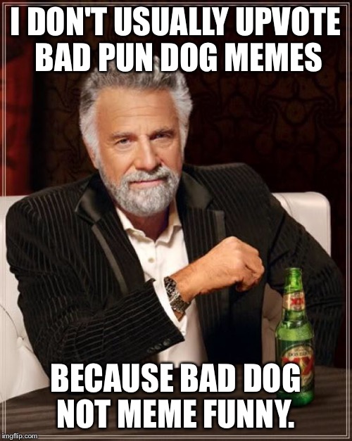 The Most Interesting Man In The World Meme | I DON'T USUALLY UPVOTE BAD PUN DOG MEMES BECAUSE BAD DOG NOT MEME FUNNY. | image tagged in memes,the most interesting man in the world | made w/ Imgflip meme maker