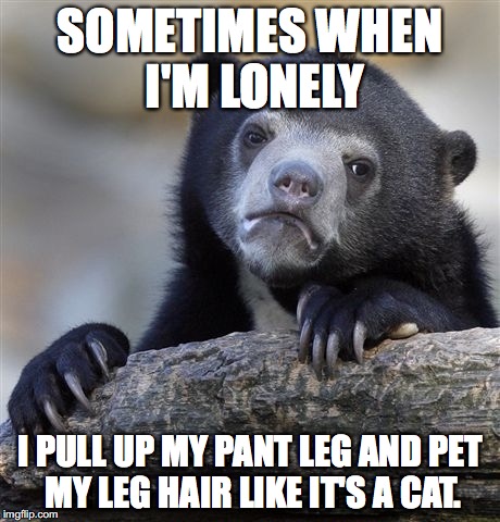 Confession Bear | SOMETIMES WHEN I'M LONELY; I PULL UP MY PANT LEG AND PET MY LEG HAIR LIKE IT'S A CAT. | image tagged in memes,confession bear,AdviceAnimals | made w/ Imgflip meme maker