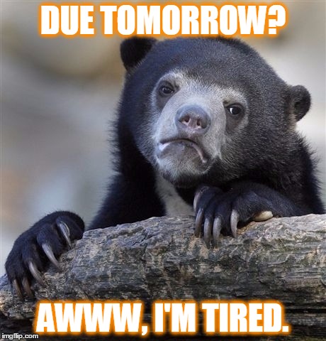 Confession Bear Meme | DUE TOMORROW? AWWW, I'M TIRED. | image tagged in memes,confession bear | made w/ Imgflip meme maker