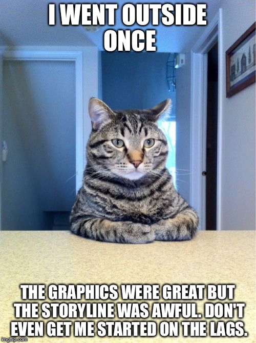 Take A Seat Cat Meme | I WENT OUTSIDE ONCE; THE GRAPHICS WERE GREAT BUT THE STORYLINE WAS AWFUL. DON'T EVEN GET ME STARTED ON THE LAGS. | image tagged in memes,take a seat cat | made w/ Imgflip meme maker