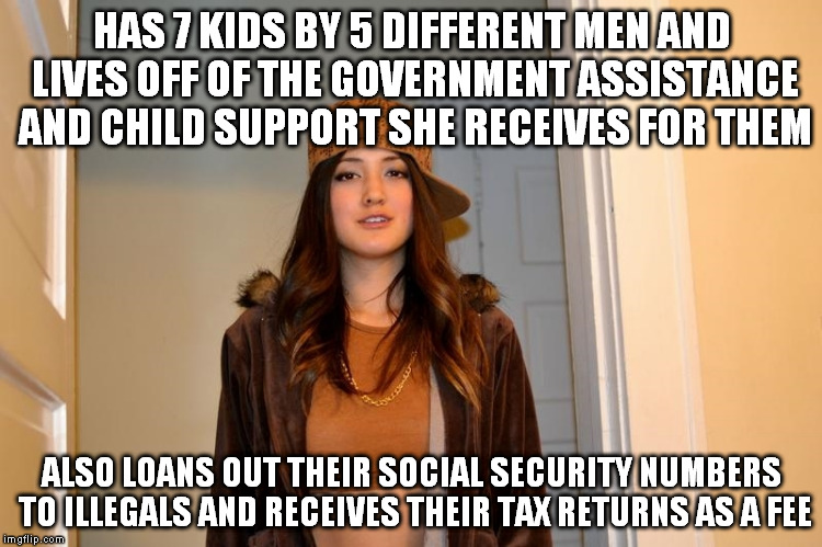 Scumbag Stephanie  | HAS 7 KIDS BY 5 DIFFERENT MEN AND LIVES OFF OF THE GOVERNMENT ASSISTANCE AND CHILD SUPPORT SHE RECEIVES FOR THEM; ALSO LOANS OUT THEIR SOCIAL SECURITY NUMBERS TO ILLEGALS AND RECEIVES THEIR TAX RETURNS AS A FEE | image tagged in scumbag stephanie,AdviceAnimals | made w/ Imgflip meme maker