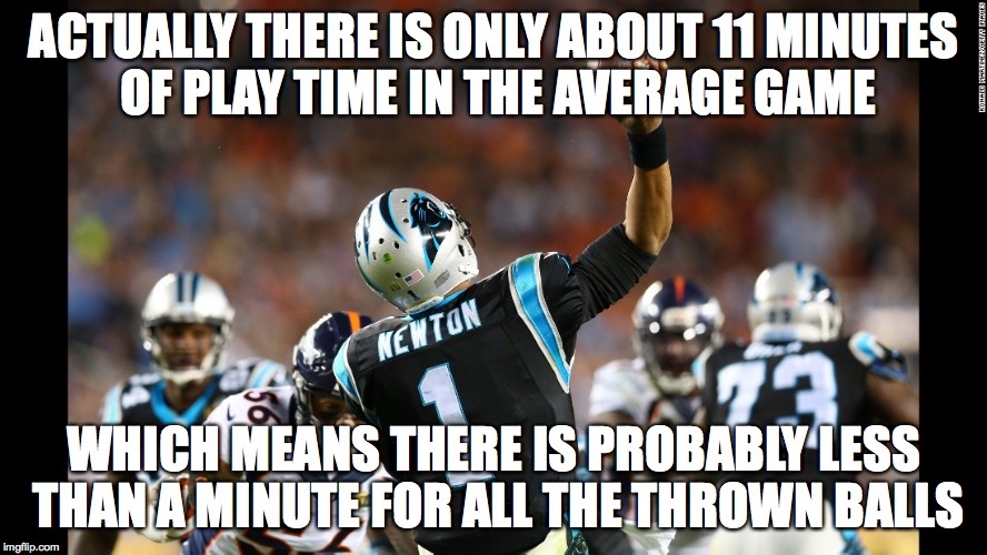 ACTUALLY THERE IS ONLY ABOUT 11 MINUTES OF PLAY TIME IN THE AVERAGE GAME WHICH MEANS THERE IS PROBABLY LESS THAN A MINUTE FOR ALL THE THROWN | made w/ Imgflip meme maker