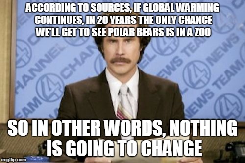 Ron Burgundy | ACCORDING TO SOURCES, IF GLOBAL WARMING CONTINUES, IN 20 YEARS THE ONLY CHANCE WE'LL GET TO SEE POLAR BEARS IS IN A ZOO; SO IN OTHER WORDS, NOTHING IS GOING TO CHANGE | image tagged in memes,ron burgundy | made w/ Imgflip meme maker