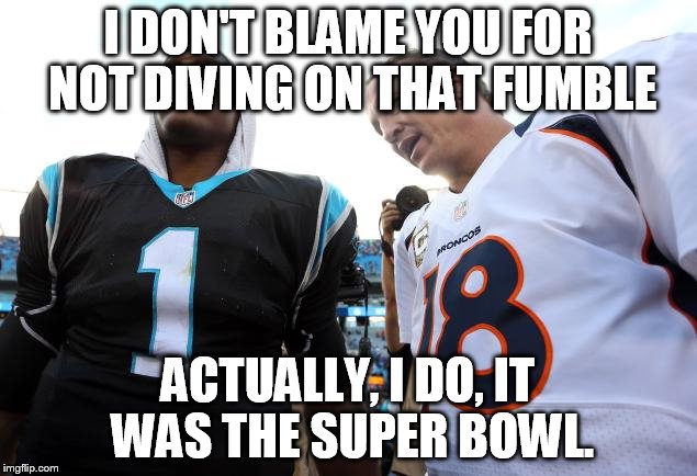 Cam Newton Peyton Manning | I DON'T BLAME YOU FOR NOT DIVING ON THAT FUMBLE; ACTUALLY, I DO, IT WAS THE SUPER BOWL. | image tagged in cam newton peyton manning | made w/ Imgflip meme maker