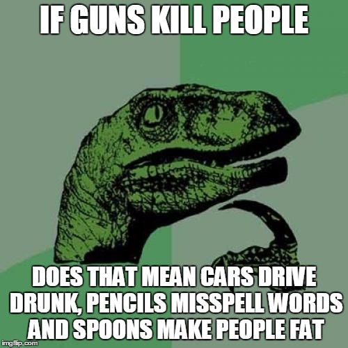 Philosoraptor | IF GUNS KILL PEOPLE; DOES THAT MEAN CARS DRIVE DRUNK, PENCILS MISSPELL WORDS AND SPOONS MAKE PEOPLE FAT | image tagged in memes,philosoraptor | made w/ Imgflip meme maker