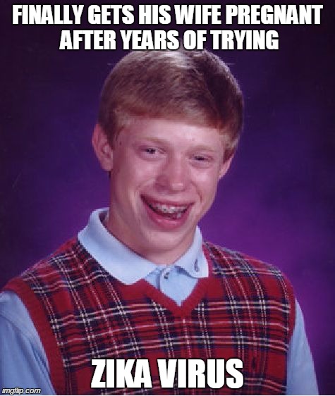 Too soon? | FINALLY GETS HIS WIFE PREGNANT AFTER YEARS OF TRYING; ZIKA VIRUS | image tagged in memes,bad luck brian,virus,pregnancy | made w/ Imgflip meme maker